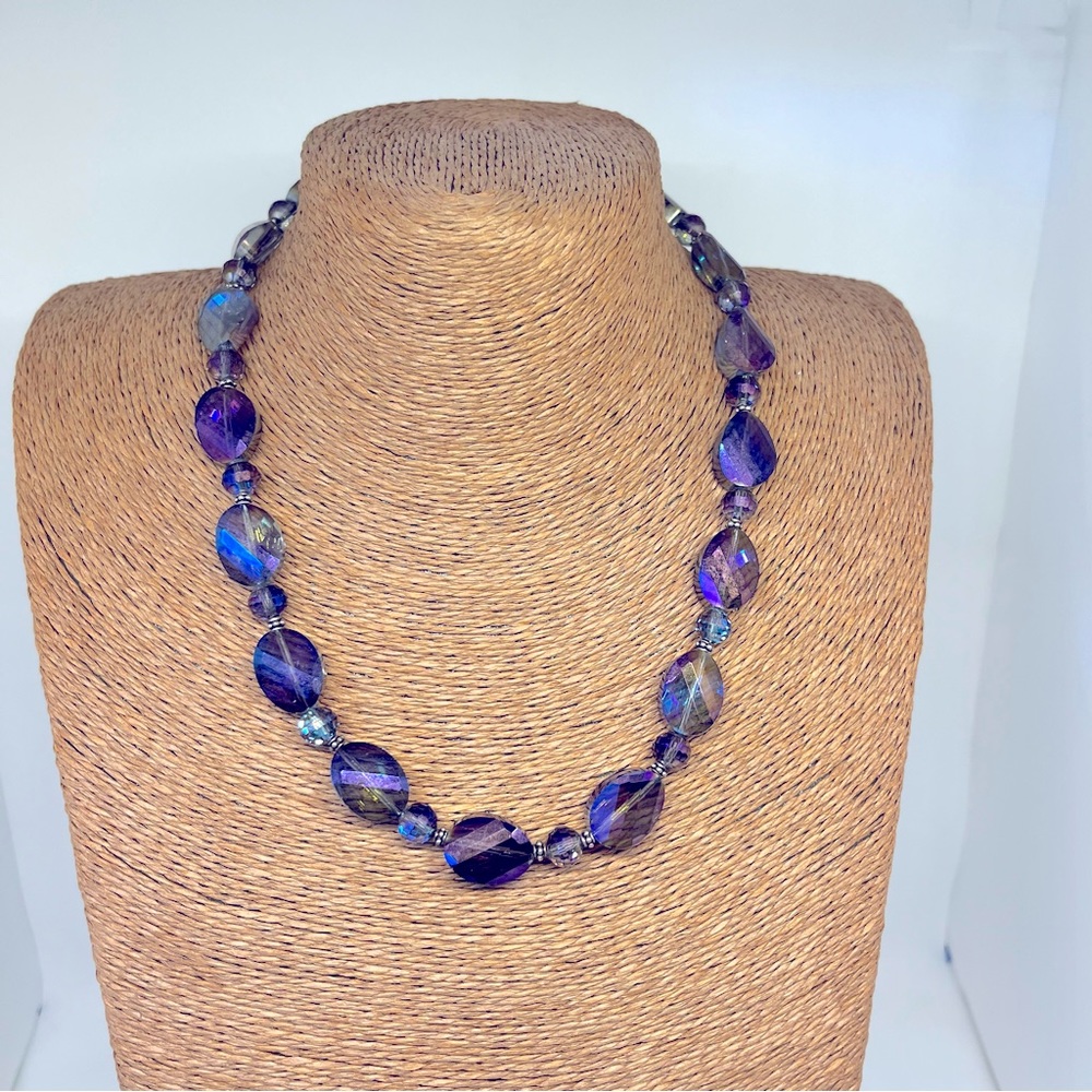 Donna Dressler multi-faceted AB glass bead necklace, sterling clasp and accents